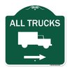 Signmission Trucks Sign All Trucks W/ Truck & Right Arrow, Green & White Aluminum Sign, 18" x 18", GW-1818-22782 A-DES-GW-1818-22782
